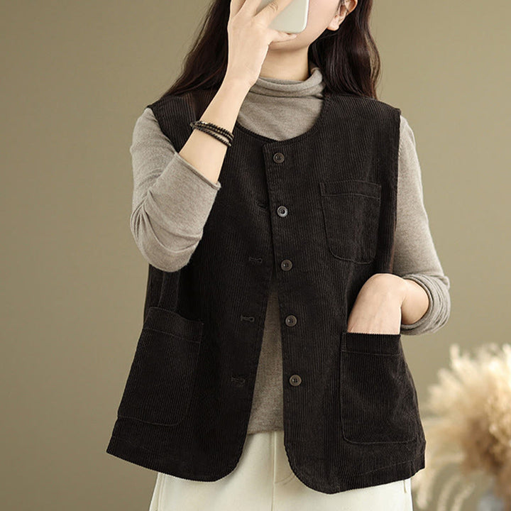 Chaleco de algodón sin mangas con botones de pana y bolsillos para mujer de Buddha Stones - image 10