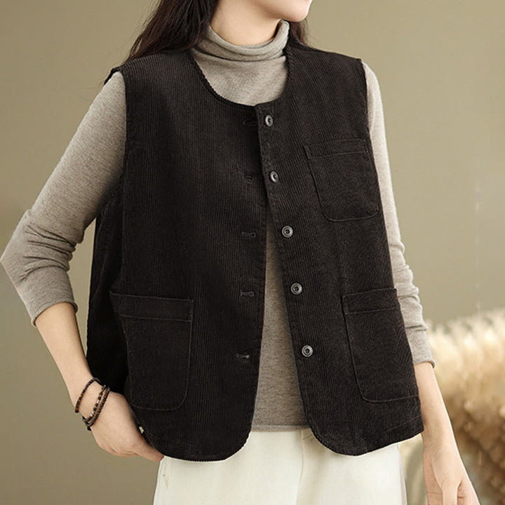 Chaleco de algodón sin mangas con botones de pana y bolsillos para mujer de Buddha Stones - SaddleBrown - US8-10，UK/AU12-14，EU40-42 (2XL) - image 7