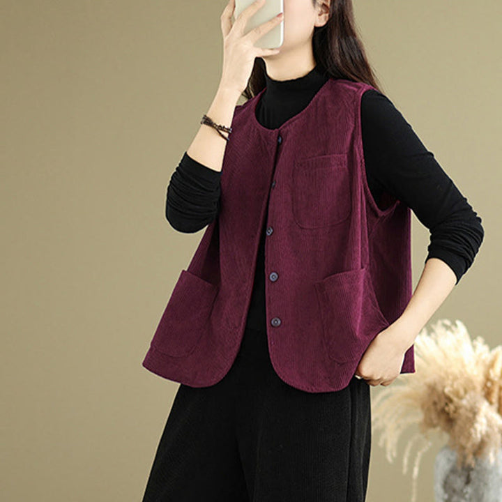 Chaleco de algodón sin mangas con botones de pana y bolsillos para mujer de Buddha Stones - image 19