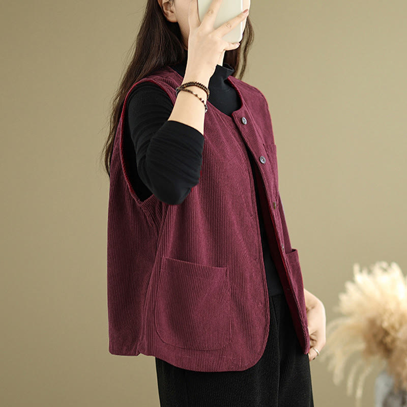 Chaleco de algodón sin mangas con botones de pana y bolsillos para mujer de Buddha Stones - image 20