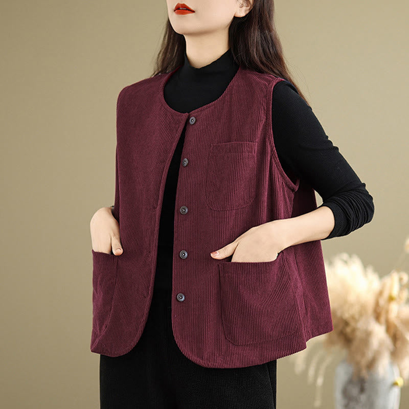 Chaleco de algodón sin mangas con botones de pana y bolsillos para mujer de Buddha Stones - image 22