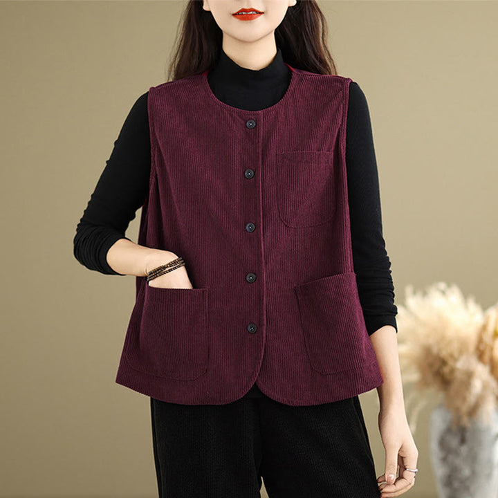 Chaleco de algodón sin mangas con botones de pana y bolsillos para mujer de Buddha Stones - IndianRed - US8-10，UK/AU12-14，EU40-42 (2XL) - image 19