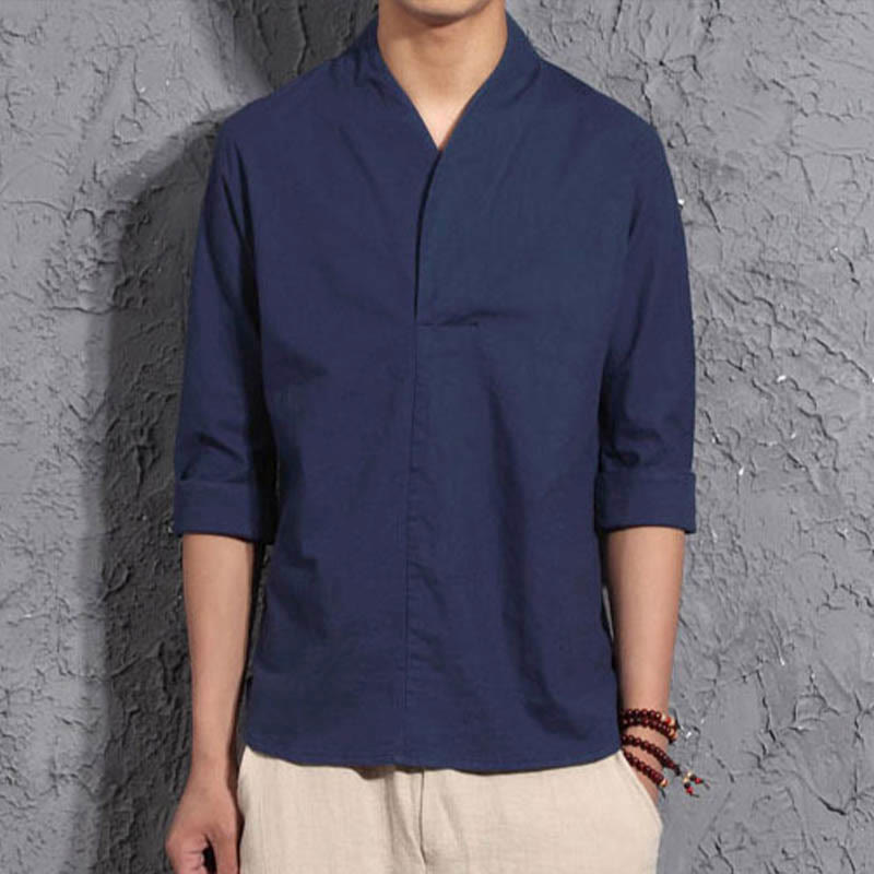 Camisa casual de manga tres cuartos con cuello en V y Buddha Stones para hombre - Azul acero - US/UK/AU44, UE 54 (5XL) - image 7