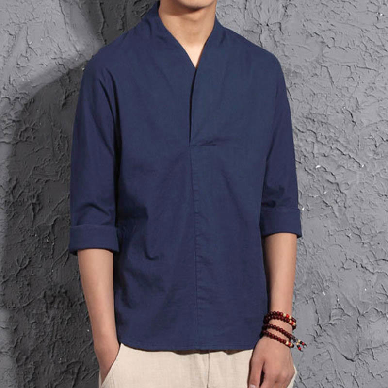 Camisa casual de manga tres cuartos con cuello en V y Buddha Stones para hombre - image 9