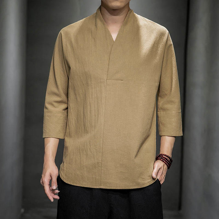 Camisa casual de manga tres cuartos con cuello en V y Buddha Stones para hombre - BurlyWood - US/UK/AU44, UE 54 (5XL) - image 0