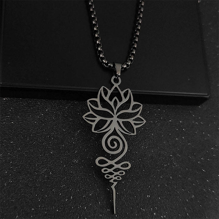 Collar colgante de acero inoxidable con diseño de símbolo de iluminación y chakras de loto y Buddha Stones. - Negro - image 8