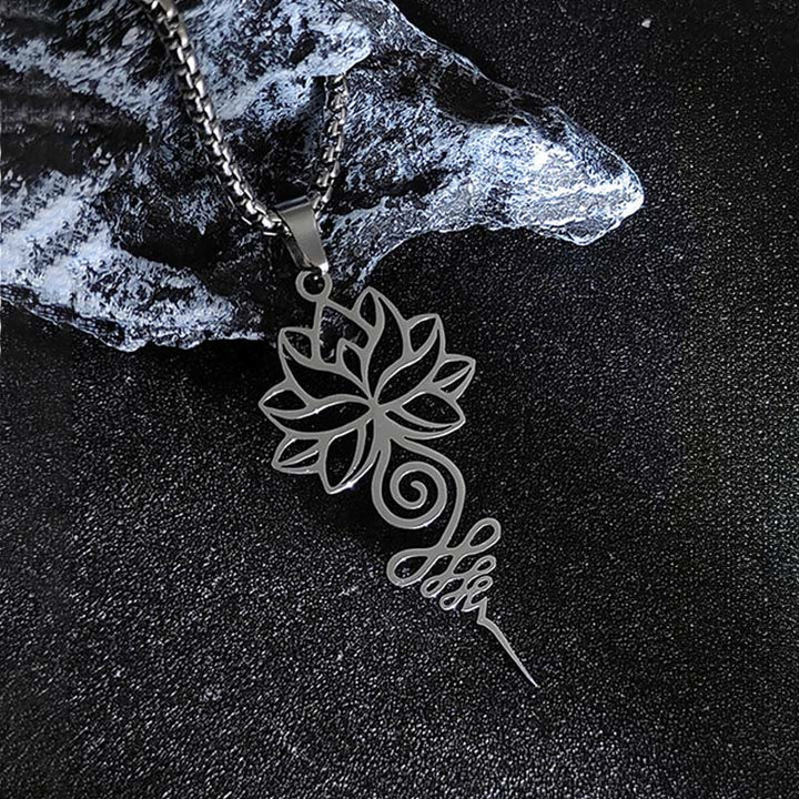 Collar colgante de acero inoxidable con diseño de símbolo de iluminación y chakras de loto y Buddha Stones. - image 3