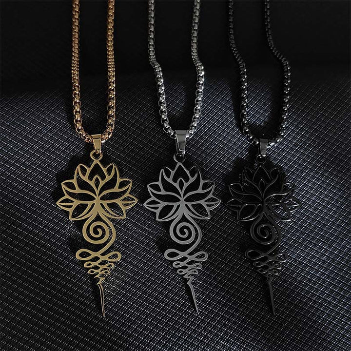 Collar colgante de acero inoxidable con diseño de símbolo de iluminación y chakras de loto y Buddha Stones. - image 1
