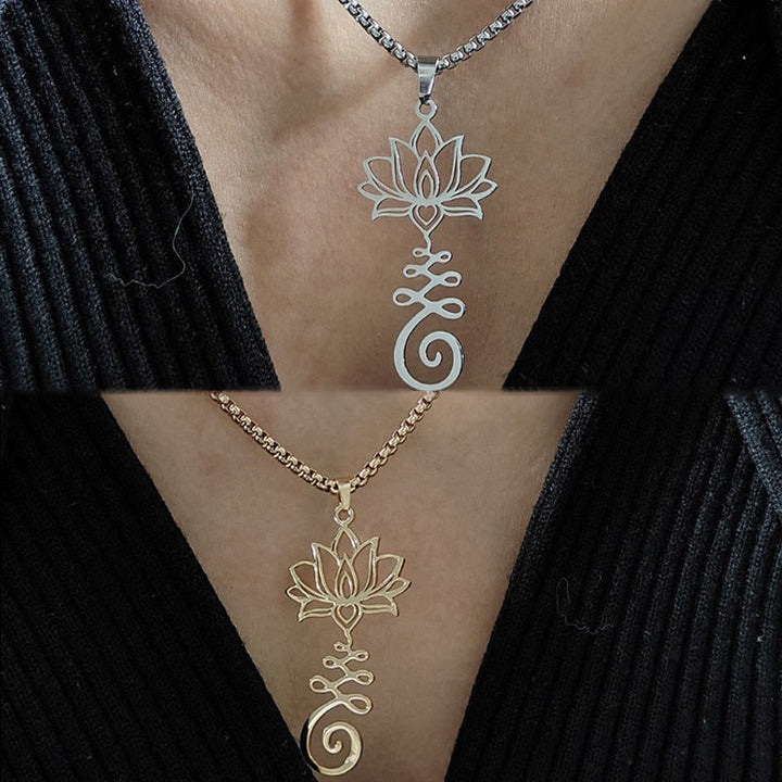 Collar con colgante de acero inoxidable con símbolo de chakra de Buddha Stones y diseño irregular de loto. - image 12