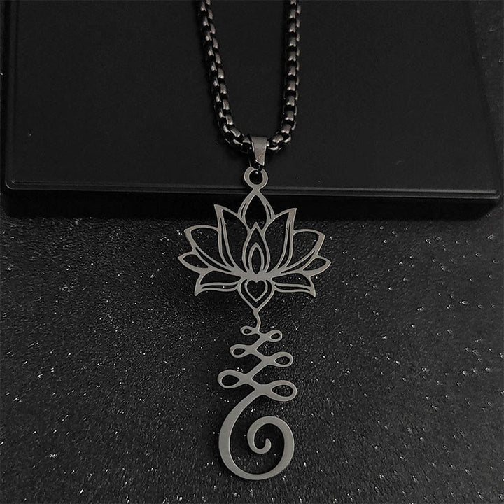 Collar con colgante de acero inoxidable con símbolo de chakra de Buddha Stones y diseño irregular de loto. - Negro - image 8