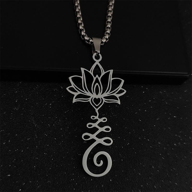 Collar con colgante de acero inoxidable con símbolo de chakra de Buddha Stones y diseño irregular de loto. - Plata - image 2