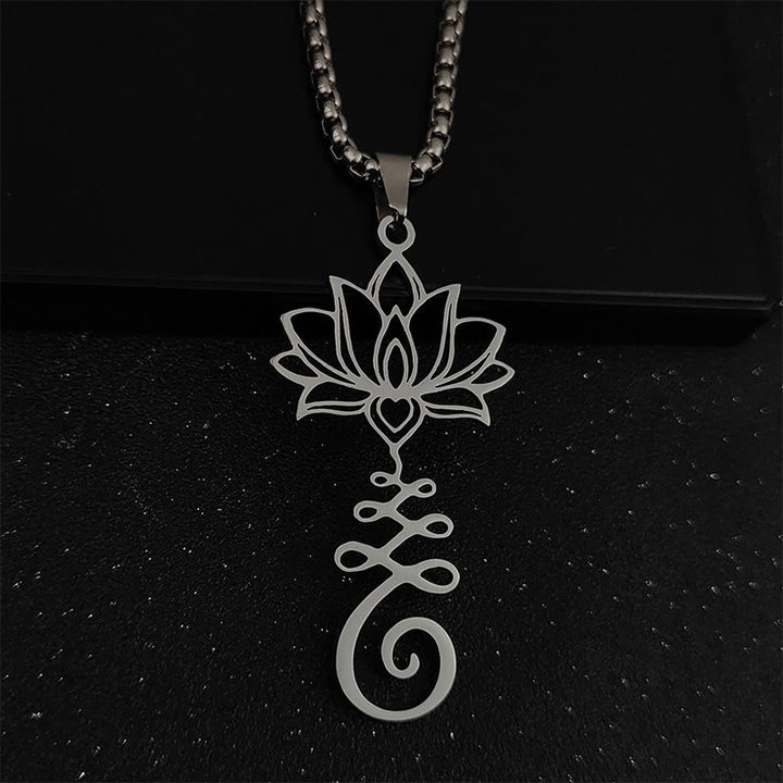 Collar con colgante de acero inoxidable con símbolo de chakra de Buddha Stones y diseño irregular de loto. - Plata - image 2
