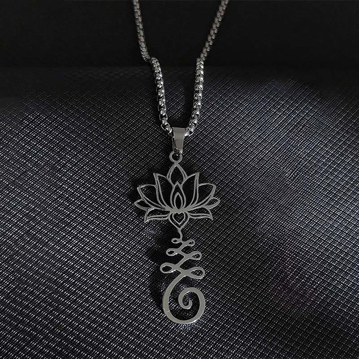 Collar con colgante de acero inoxidable con símbolo de chakra de Buddha Stones y diseño irregular de loto. - image 3