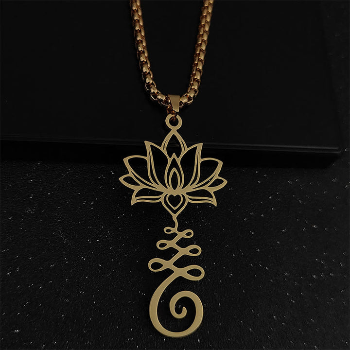 Collar con colgante de acero inoxidable con símbolo de chakra de Buddha Stones y diseño irregular de loto. - Oro - image 5