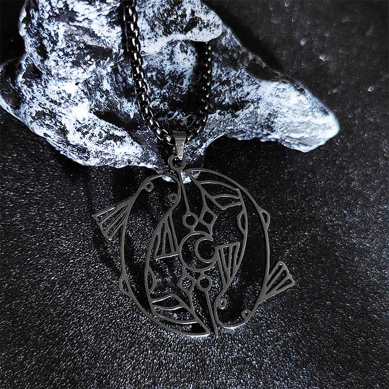Buddha Stones Colgante de acero inoxidable con diseño hueco de pez koi vintage - Negro - image 8