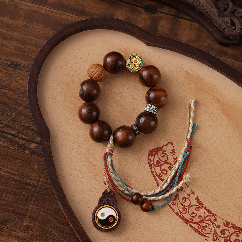 Pulsera de la suerte Yin Yang de madera de azufaifo con rayo tibetano y Buddha Stones - Madera de azufaifo alcanzada por un rayo (circunferencia de la muñeca: 18-23 cm) - image 1