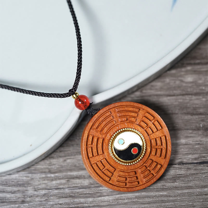 Buddha Stones Colgante de collar de la suerte Bagua Yin Yang de madera de azufaifo impactado por un rayo - image 2