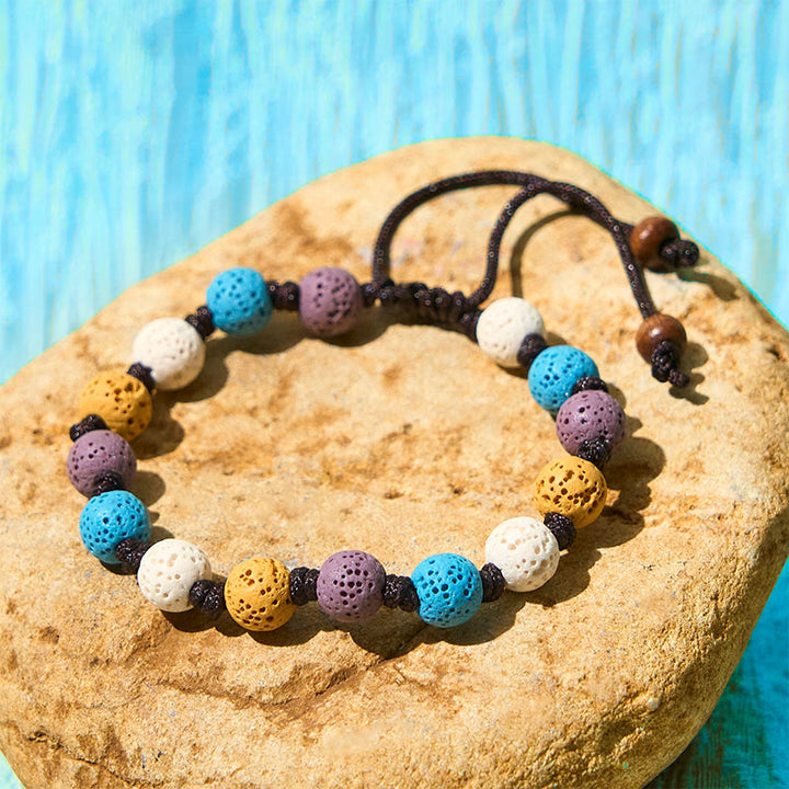 Pulsera de soporte de roca de lava colorida con Buddha Stones - Cuentas blancas, azules, moradas y amarillas (circunferencia de la muñeca: 15-22 cm) - image 15