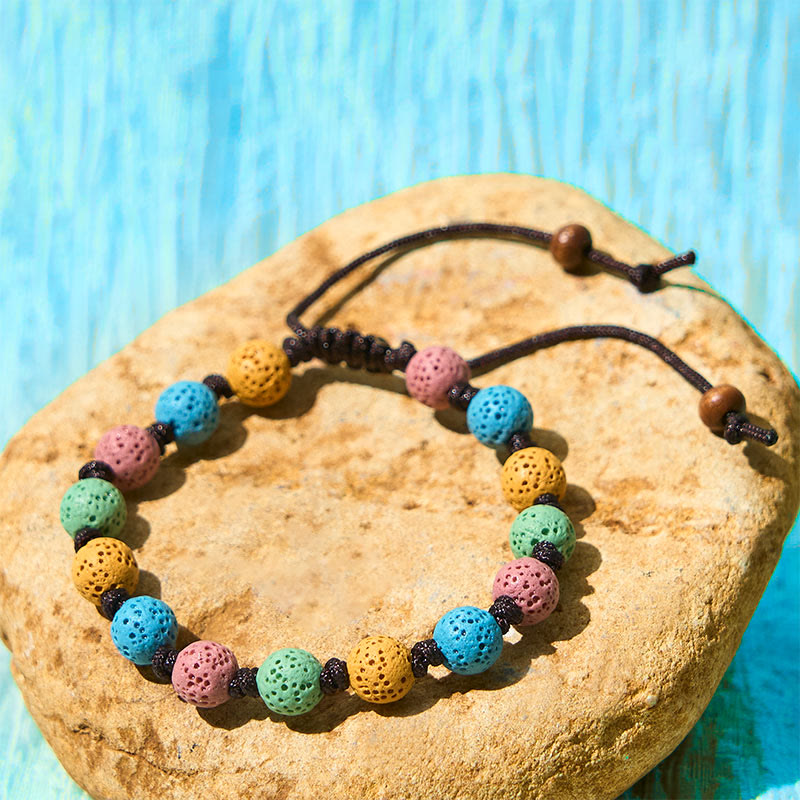 Pulsera de soporte de roca de lava colorida con Buddha Stones - Cuentas amarillas, azules, rosas y verdes (circunferencia de la muñeca: 15-22 cm) - image 7