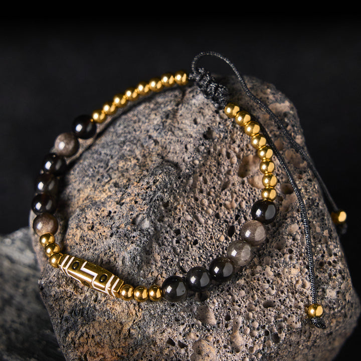 Pulsera de Buddha Stones y coraje - Obsidiana plateada brillante y acero de titanio (circunferencia de la muñeca: 15-21 cm) - image 6