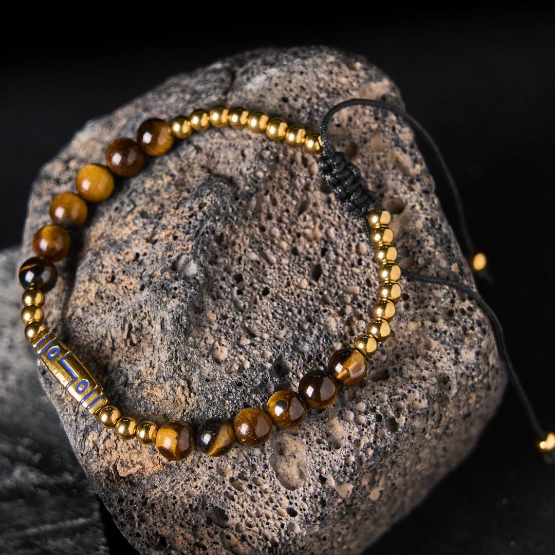 Pulsera de Buddha Stones y coraje - Ojo de tigre amarillo y acero de titanio (circunferencia de la muñeca: 15-21 cm) - image 1