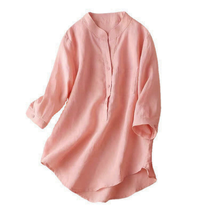 Camisa de lino y algodón lisa con diseño de manga tres cuartos y escote en V para mujer de Buddha Stones - image 18