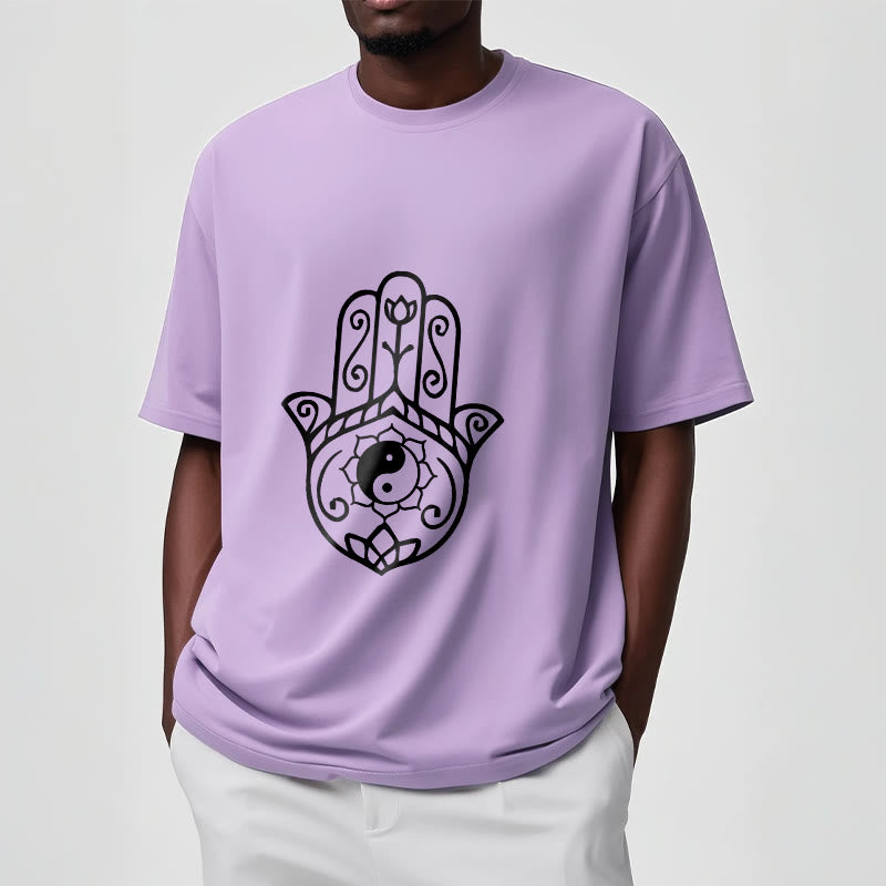 Camiseta de algodón con diseño de mano de Fátima y Buddha Stones y Yin Yang - image 18