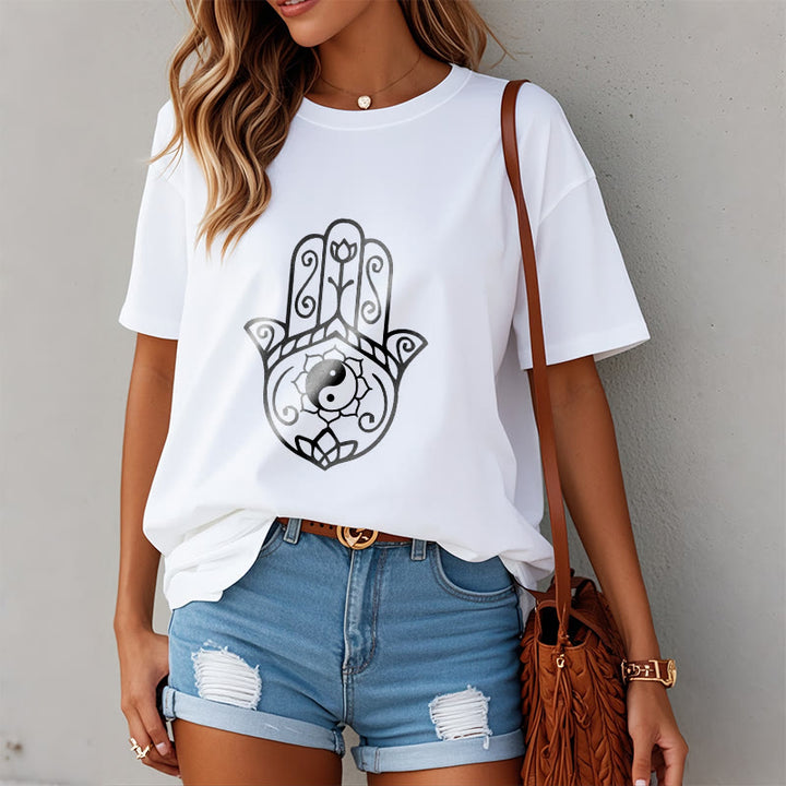 Camiseta de algodón con diseño de mano de Fátima y Buddha Stones y Yin Yang - image 10