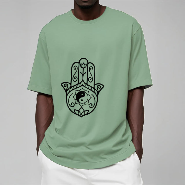 Camiseta de algodón con diseño de mano de Fátima y Buddha Stones y Yin Yang - image 16