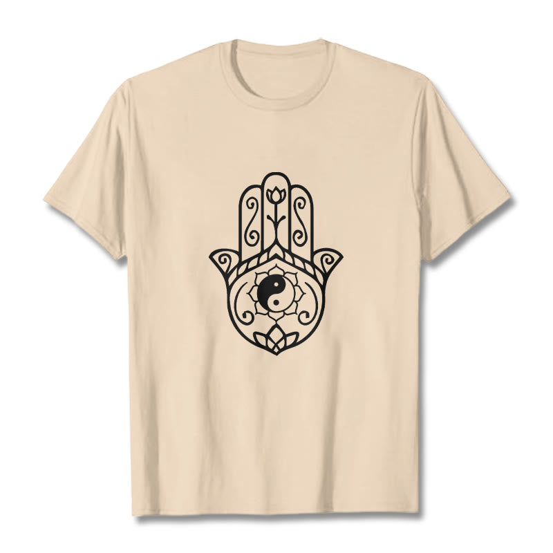 Camiseta de algodón con diseño de mano de Fátima y Buddha Stones y Yin Yang - Sopa de mariscos - 2XL - image 11