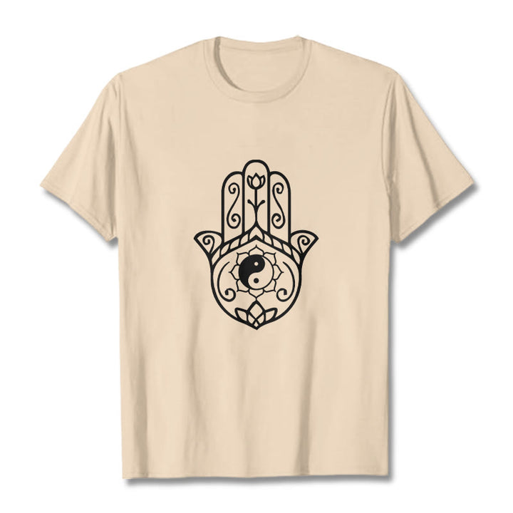 Camiseta de algodón con diseño de mano de Fátima y Buddha Stones y Yin Yang - Sopa de mariscos - 2XL - image 11