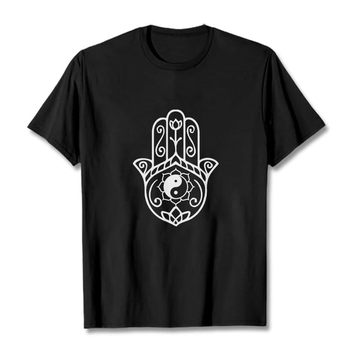 Camiseta de algodón con diseño de mano de Fátima y Buddha Stones y Yin Yang - Negro - 2XL - image 4