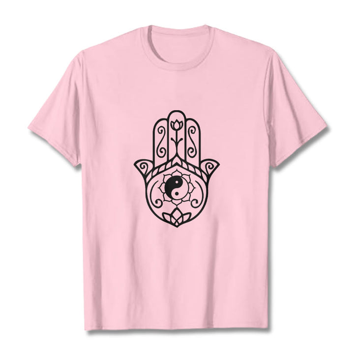 Camiseta de algodón con diseño de mano de Fátima y Buddha Stones y Yin Yang - Rosa claro - 2XL - image 13