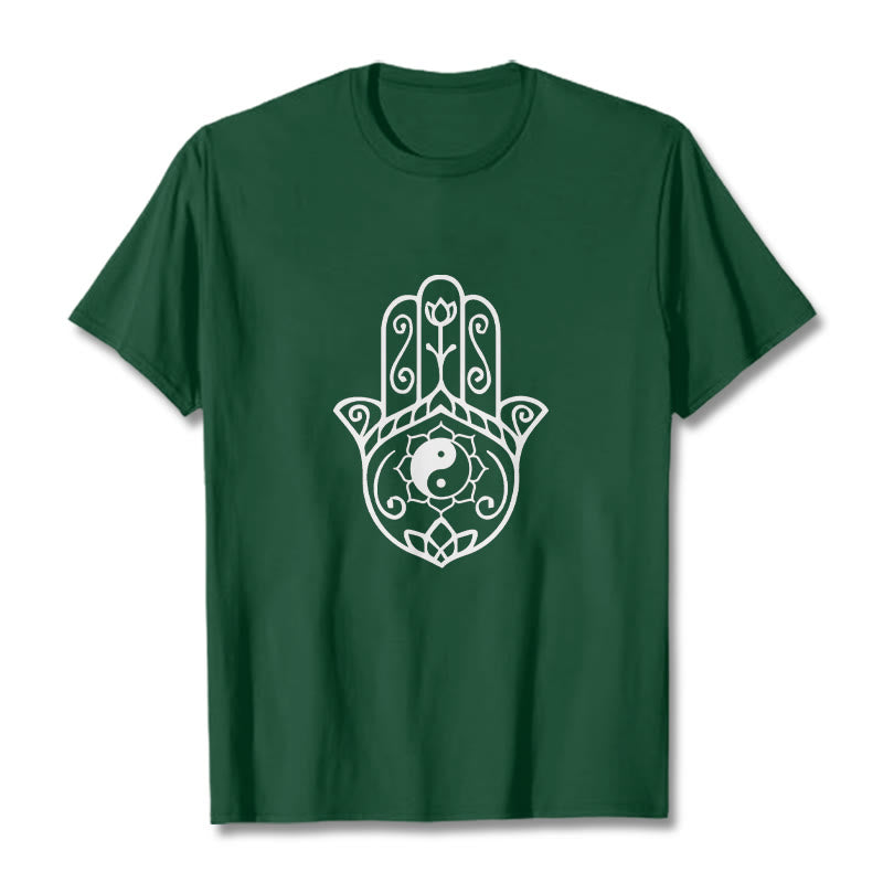 Camiseta de algodón con diseño de mano de Fátima y Buddha Stones y Yin Yang - Verde bosque - 2XL - image 1