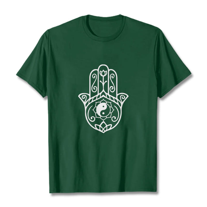 Camiseta de algodón con diseño de mano de Fátima y Buddha Stones y Yin Yang - Verde bosque - 2XL - image 1