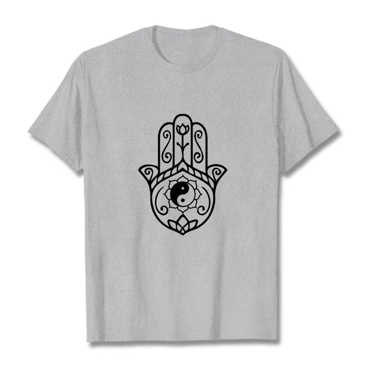 Camiseta de algodón con diseño de mano de Fátima y Buddha Stones y Yin Yang - Gris claro - 2XL - image 20