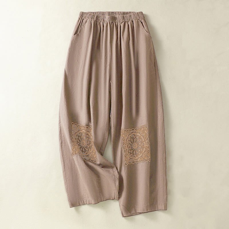 Pantalones harén de lino y algodón para mujer con bolsillos y bordado vintage de verano con estampado de cachemira y Buddha Stones - Chocolate - US8-10，UK/AU12-14，EU40-42 (2XL) - image 0
