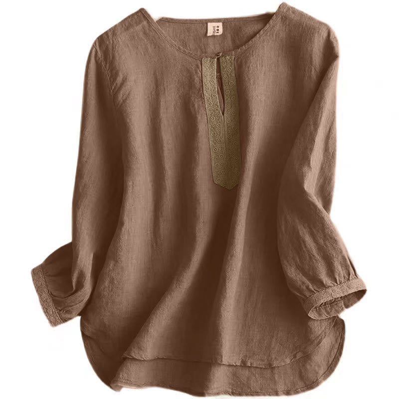 Camisa informal de manga tres cuartos con cuello redondo y diseño hueco para mujer Buddha Stones - image 4
