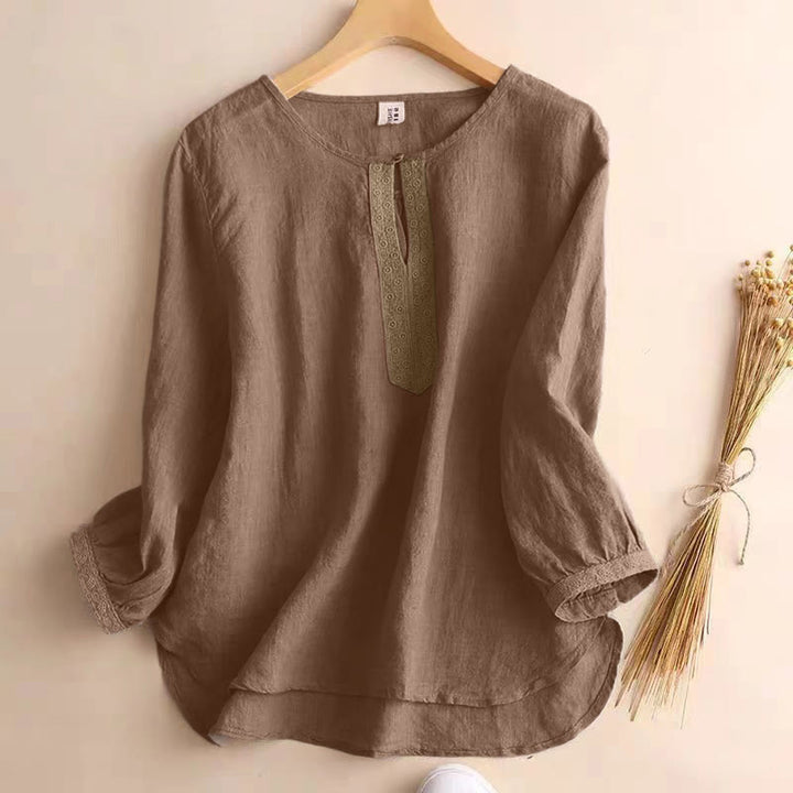 Camisa informal de manga tres cuartos con cuello redondo y diseño hueco para mujer Buddha Stones - Broncearse - US8-10，UK/AU12-14，EU40-42 (2XL) - image 1