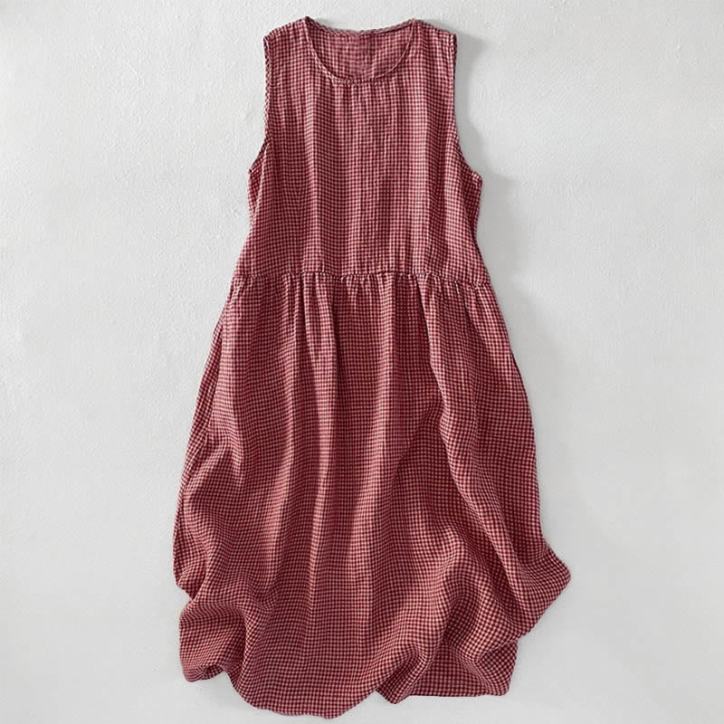 Vestido midi informal de algodón sin mangas con bolsillos y estampado de Buddha Stones, hecho a mano, a cuadros. - Salmón oscuro - US16，UK/AU20，EU48 (3XL) - image 0