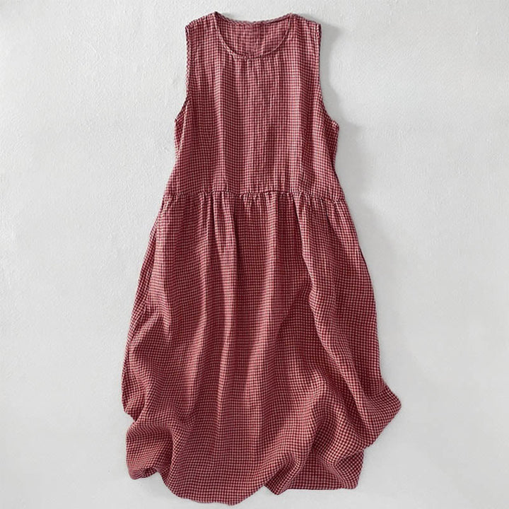 Vestido midi informal de algodón sin mangas con bolsillos y estampado de Buddha Stones, hecho a mano, a cuadros. - Salmón oscuro - US16，UK/AU20，EU48 (3XL) - image 0