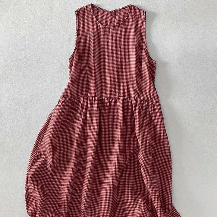 Vestido midi informal de algodón sin mangas con bolsillos y estampado de Buddha Stones, hecho a mano, a cuadros. - image 4