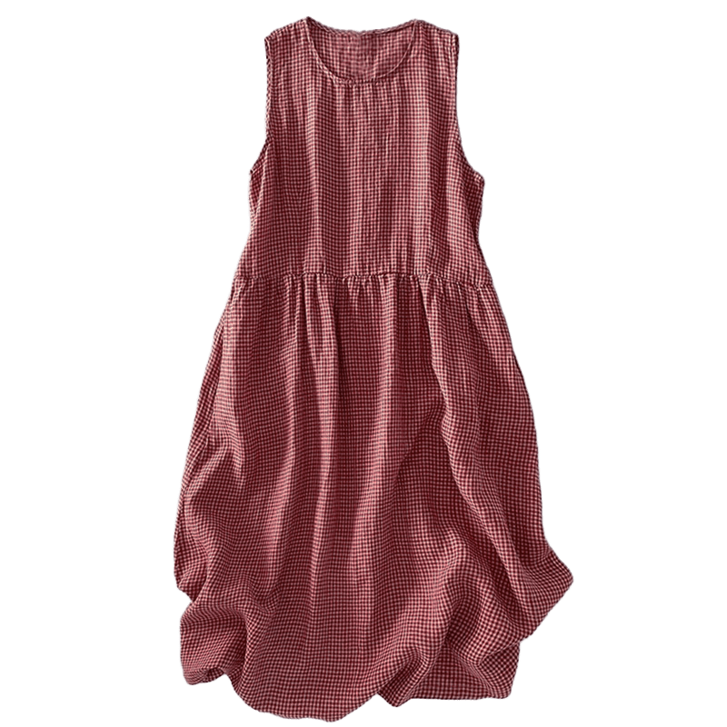 Vestido midi informal de algodón sin mangas con bolsillos y estampado de Buddha Stones, hecho a mano, a cuadros. - image 8