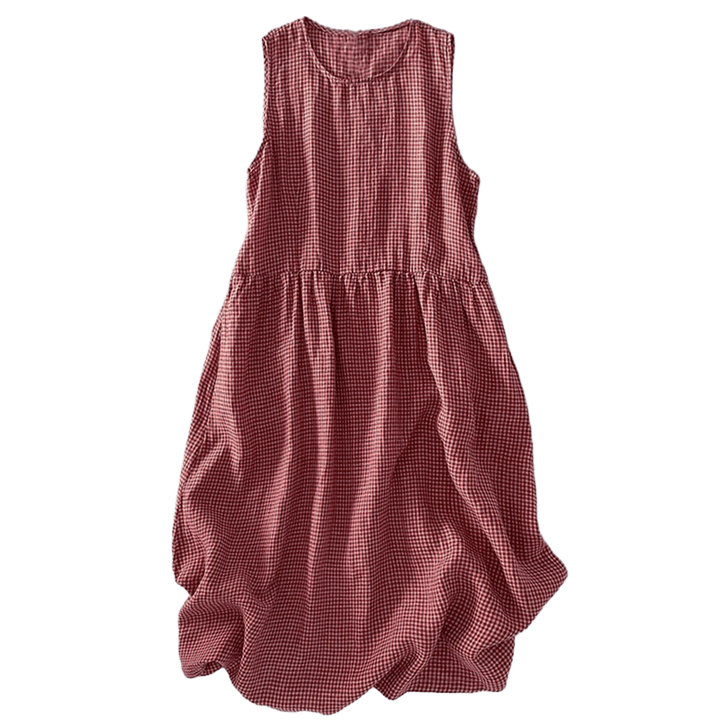 Vestido midi informal de algodón sin mangas con bolsillos y estampado de Buddha Stones, hecho a mano, a cuadros. - image 8