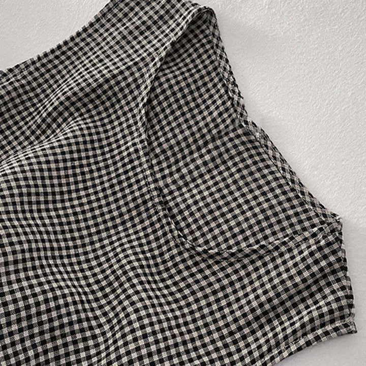 Vestido midi informal de algodón sin mangas con bolsillos y estampado de Buddha Stones, hecho a mano, a cuadros. - image 10