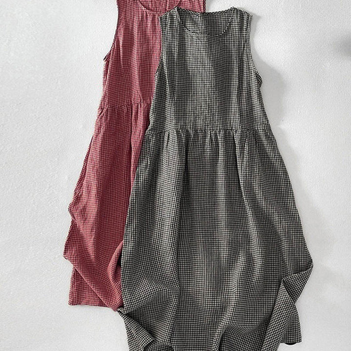 Vestido midi informal de algodón sin mangas con bolsillos y estampado de Buddha Stones, hecho a mano, a cuadros. - image 17