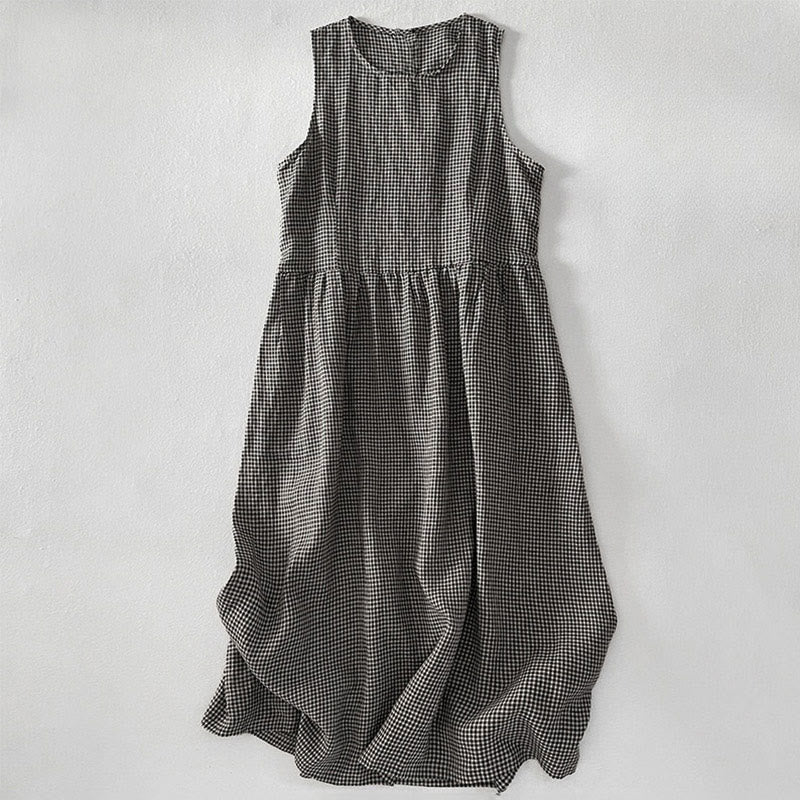 Vestido midi informal de algodón sin mangas con bolsillos y estampado de Buddha Stones, hecho a mano, a cuadros. - Gris oscuro - US16，UK/AU20，EU48 (3XL) - image 9