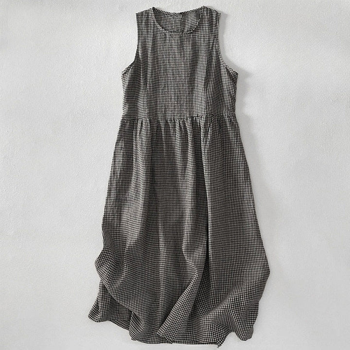 Vestido midi informal de algodón sin mangas con bolsillos y estampado de Buddha Stones, hecho a mano, a cuadros. - Gris oscuro - US16，UK/AU20，EU48 (3XL) - image 9
