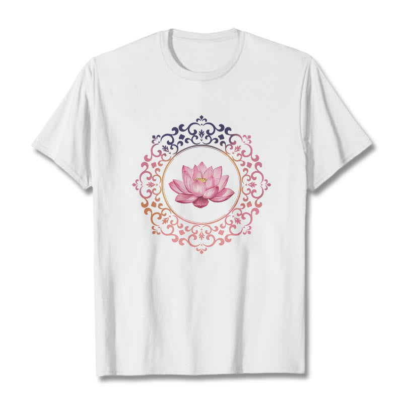 Camiseta de algodón con estampado de loto rosa y mandala de Buddha Stones - Blanco - 2XL - image 5