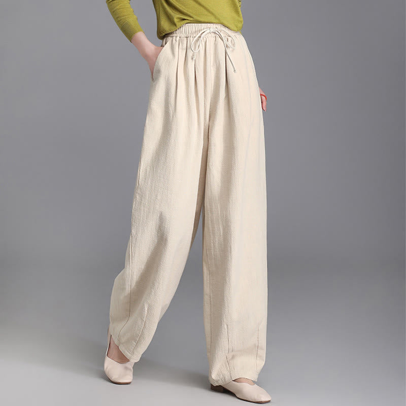 Pantalones casuales vintage de algodón y lino con diseño de zanahoria, con cordón y bolsillos, de Buddha Stones para mujer - Beige - US6, UK/AU10, EU38 (L) - image 0
